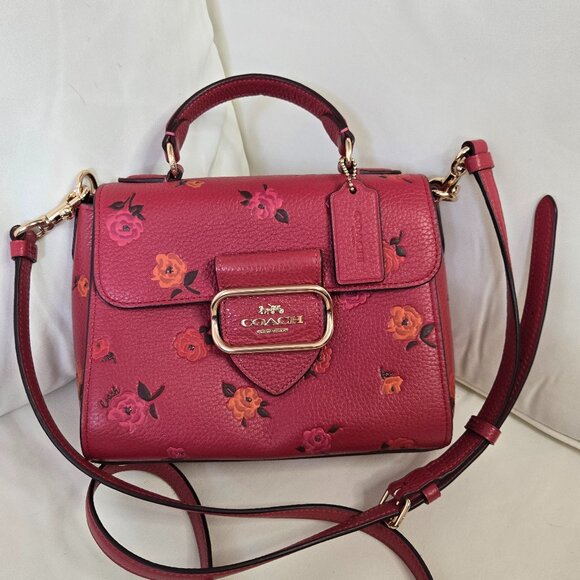 Coach Morgan Top Handle Floral Satchel 🌸 Peony Red Pebbled Leather - Picture 1 of 12